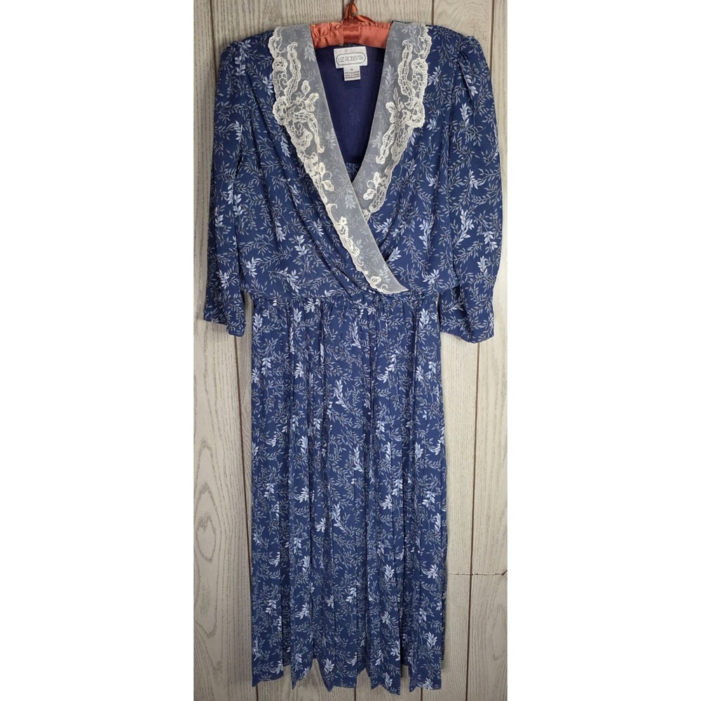 Vintage 80s Liz Roberts Blue Floral Midi Wrap Dress Lace Collar Cottagecore M